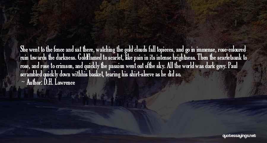 D.H. Lawrence Quotes: She Went To The Fence And Sat There, Watching The Gold Clouds Fall Topieces, And Go In Immense, Rose-coloured Ruin