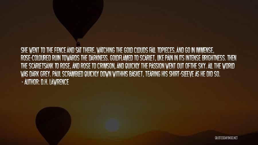 D.H. Lawrence Quotes: She Went To The Fence And Sat There, Watching The Gold Clouds Fall Topieces, And Go In Immense, Rose-coloured Ruin