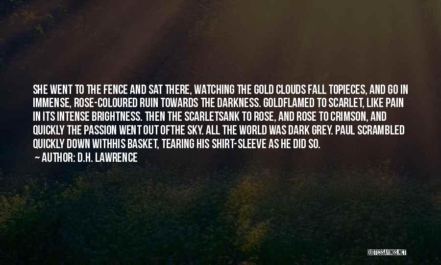 D.H. Lawrence Quotes: She Went To The Fence And Sat There, Watching The Gold Clouds Fall Topieces, And Go In Immense, Rose-coloured Ruin