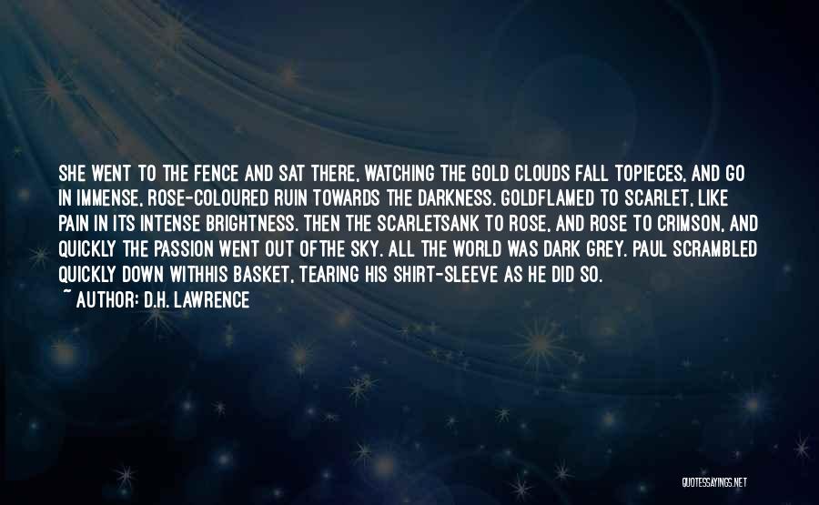 D.H. Lawrence Quotes: She Went To The Fence And Sat There, Watching The Gold Clouds Fall Topieces, And Go In Immense, Rose-coloured Ruin