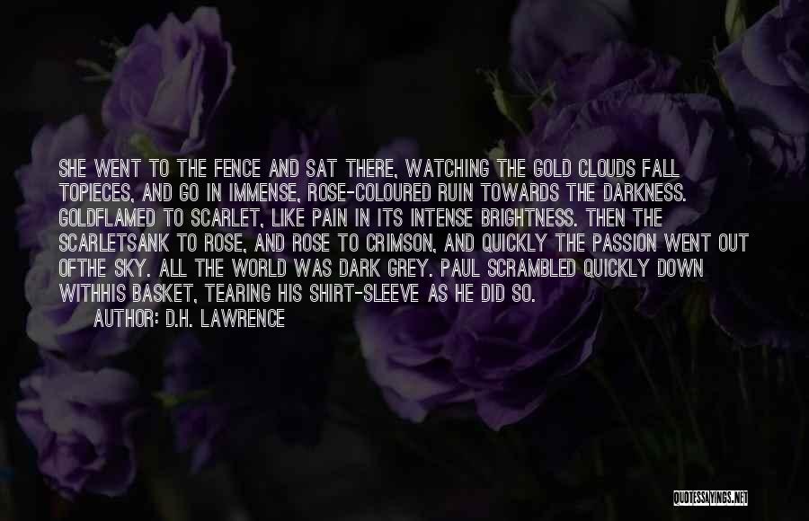 D.H. Lawrence Quotes: She Went To The Fence And Sat There, Watching The Gold Clouds Fall Topieces, And Go In Immense, Rose-coloured Ruin