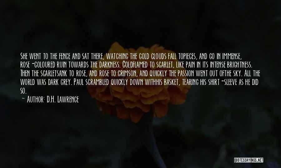 D.H. Lawrence Quotes: She Went To The Fence And Sat There, Watching The Gold Clouds Fall Topieces, And Go In Immense, Rose-coloured Ruin