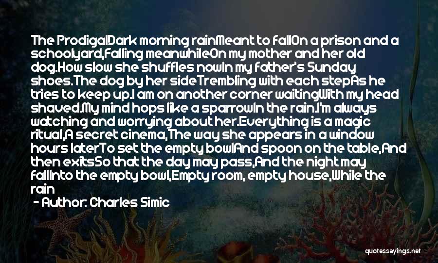 Charles Simic Quotes: The Prodigaldark Morning Rainmeant To Fallon A Prison And A Schoolyard,falling Meanwhileon My Mother And Her Old Dog.how Slow She