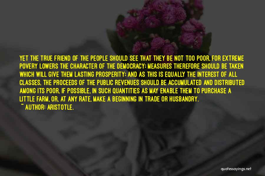 Aristotle. Quotes: Yet The True Friend Of The People Should See That They Be Not Too Poor, For Extreme Povery Lowers The