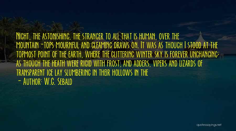 W.G. Sebald Quotes: Night, The Astonishing, The Stranger To All That Is Human, Over The Mountain-tops Mournful And Gleaming Draws On. It Was