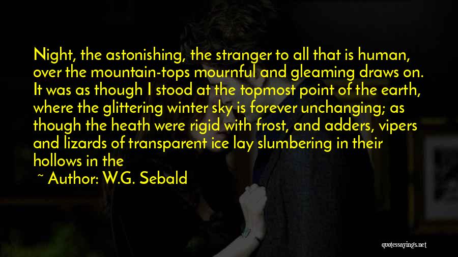 W.G. Sebald Quotes: Night, The Astonishing, The Stranger To All That Is Human, Over The Mountain-tops Mournful And Gleaming Draws On. It Was