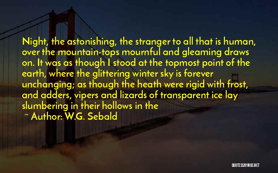 W.G. Sebald Quotes: Night, The Astonishing, The Stranger To All That Is Human, Over The Mountain-tops Mournful And Gleaming Draws On. It Was