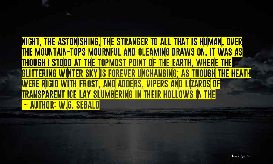 W.G. Sebald Quotes: Night, The Astonishing, The Stranger To All That Is Human, Over The Mountain-tops Mournful And Gleaming Draws On. It Was