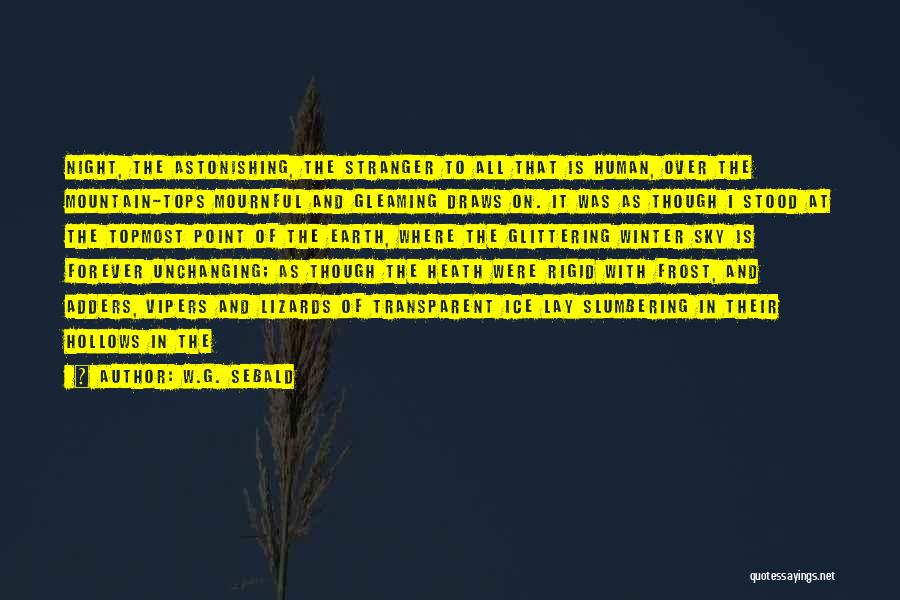 W.G. Sebald Quotes: Night, The Astonishing, The Stranger To All That Is Human, Over The Mountain-tops Mournful And Gleaming Draws On. It Was