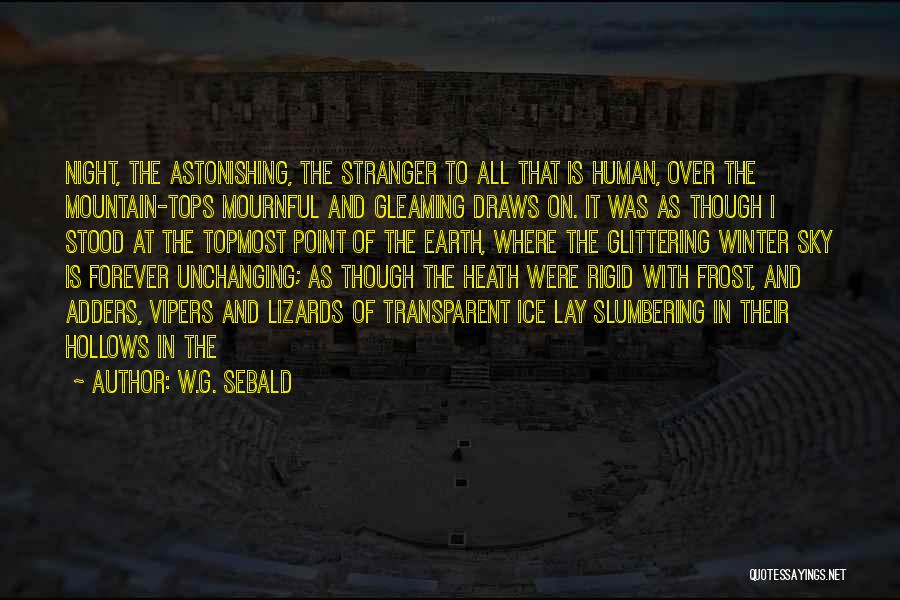 W.G. Sebald Quotes: Night, The Astonishing, The Stranger To All That Is Human, Over The Mountain-tops Mournful And Gleaming Draws On. It Was