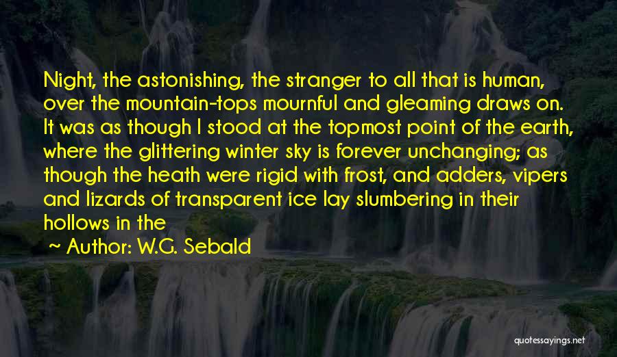 W.G. Sebald Quotes: Night, The Astonishing, The Stranger To All That Is Human, Over The Mountain-tops Mournful And Gleaming Draws On. It Was