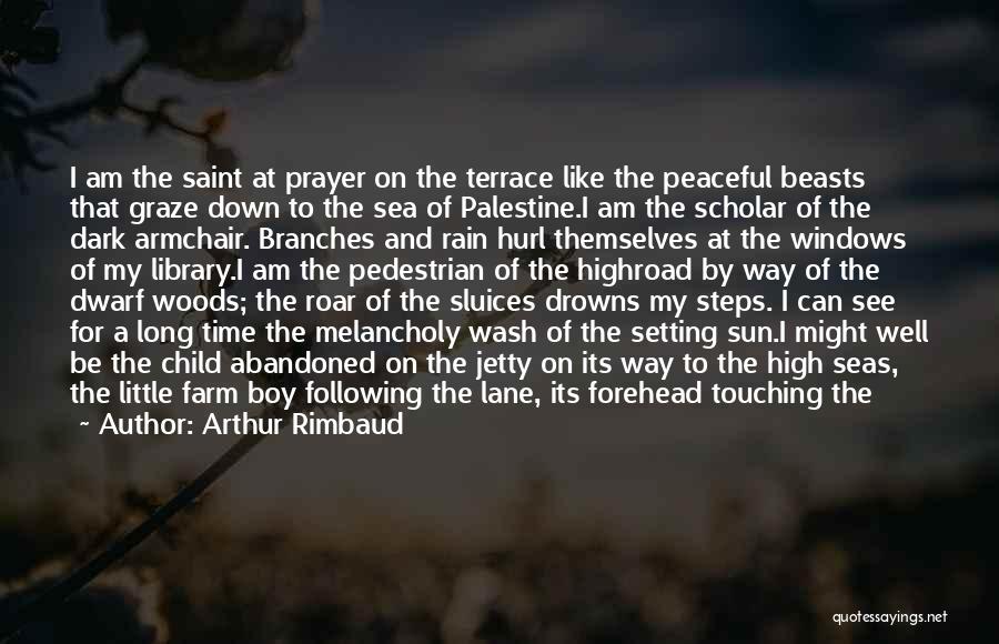 Arthur Rimbaud Quotes: I Am The Saint At Prayer On The Terrace Like The Peaceful Beasts That Graze Down To The Sea Of