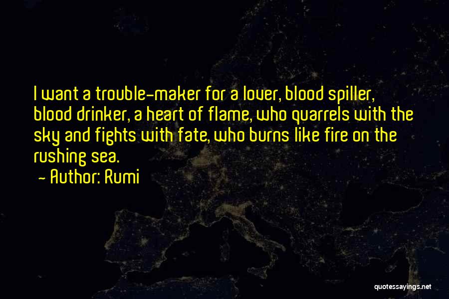 Rumi Quotes: I Want A Trouble-maker For A Lover, Blood Spiller, Blood Drinker, A Heart Of Flame, Who Quarrels With The Sky