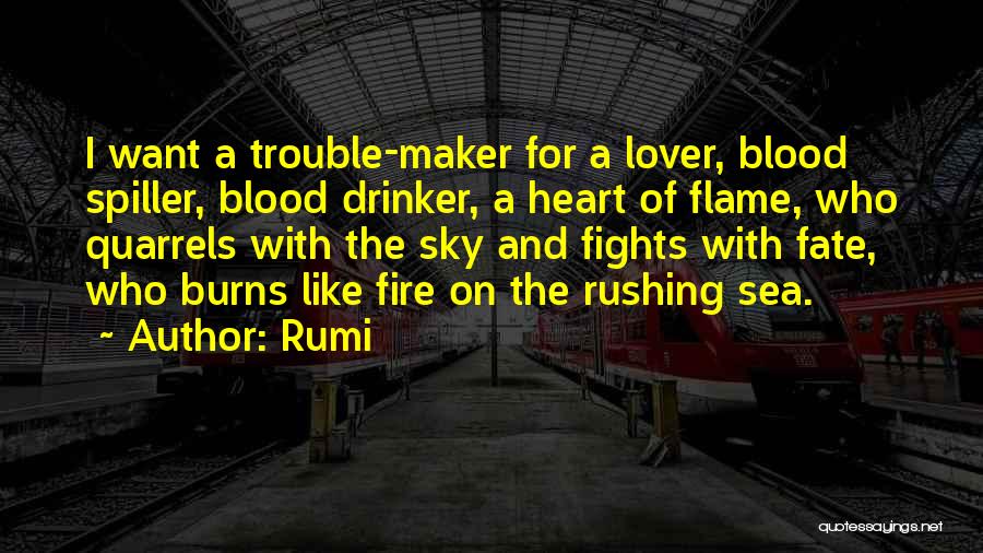 Rumi Quotes: I Want A Trouble-maker For A Lover, Blood Spiller, Blood Drinker, A Heart Of Flame, Who Quarrels With The Sky