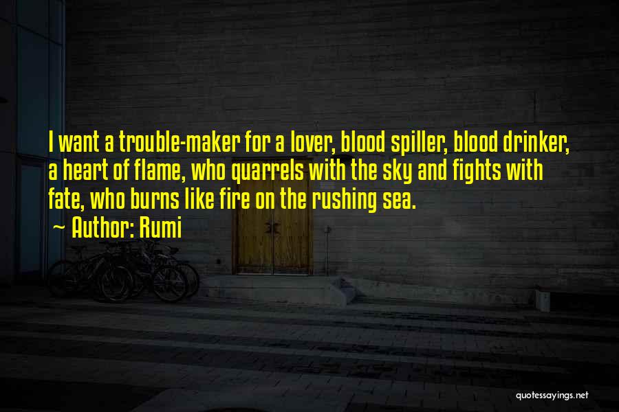 Rumi Quotes: I Want A Trouble-maker For A Lover, Blood Spiller, Blood Drinker, A Heart Of Flame, Who Quarrels With The Sky