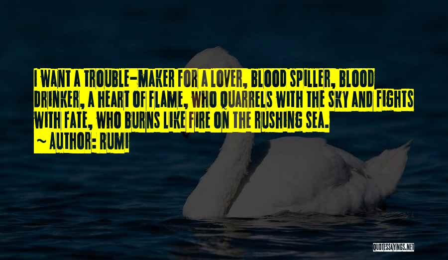 Rumi Quotes: I Want A Trouble-maker For A Lover, Blood Spiller, Blood Drinker, A Heart Of Flame, Who Quarrels With The Sky