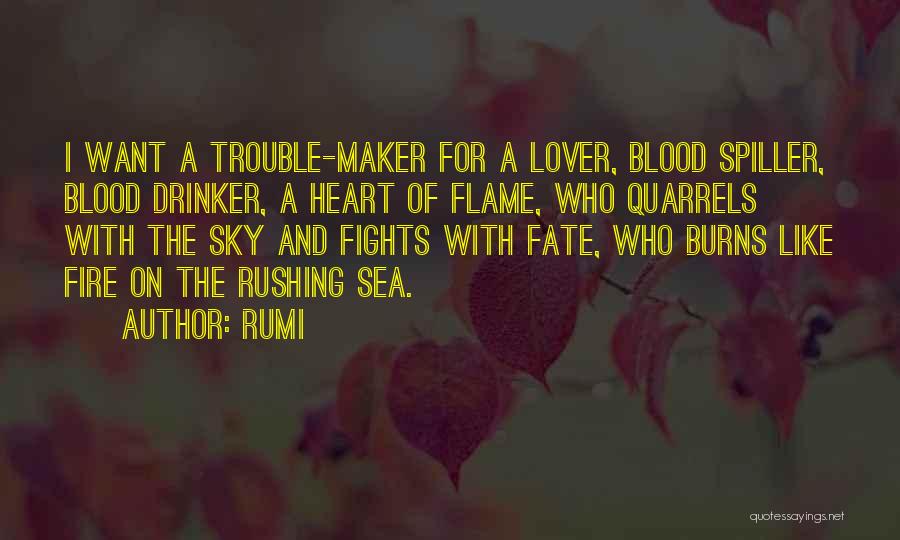 Rumi Quotes: I Want A Trouble-maker For A Lover, Blood Spiller, Blood Drinker, A Heart Of Flame, Who Quarrels With The Sky