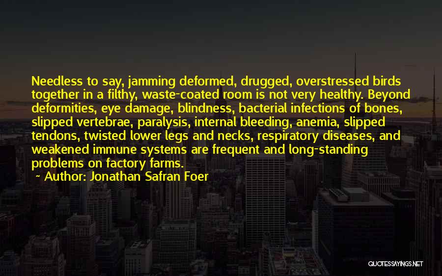 Jonathan Safran Foer Quotes: Needless To Say, Jamming Deformed, Drugged, Overstressed Birds Together In A Filthy, Waste-coated Room Is Not Very Healthy. Beyond Deformities,
