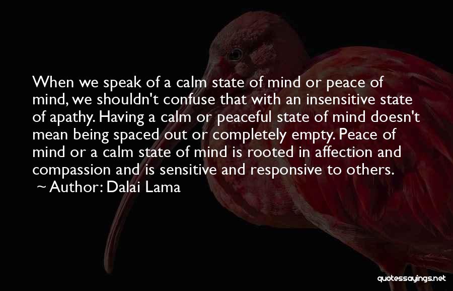 Dalai Lama Quotes: When We Speak Of A Calm State Of Mind Or Peace Of Mind, We Shouldn't Confuse That With An Insensitive