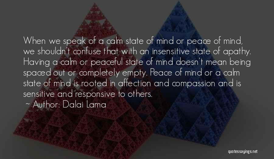 Dalai Lama Quotes: When We Speak Of A Calm State Of Mind Or Peace Of Mind, We Shouldn't Confuse That With An Insensitive