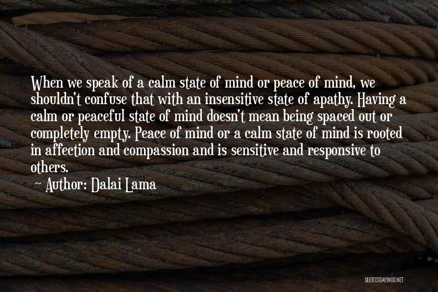 Dalai Lama Quotes: When We Speak Of A Calm State Of Mind Or Peace Of Mind, We Shouldn't Confuse That With An Insensitive