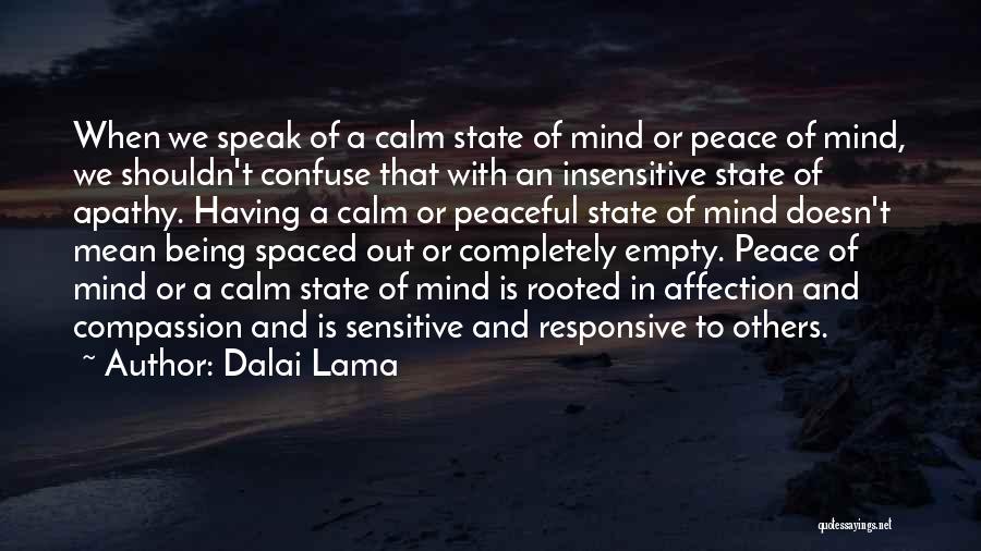 Dalai Lama Quotes: When We Speak Of A Calm State Of Mind Or Peace Of Mind, We Shouldn't Confuse That With An Insensitive