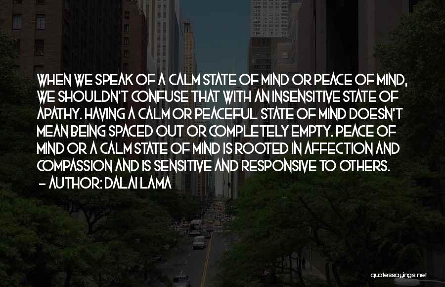 Dalai Lama Quotes: When We Speak Of A Calm State Of Mind Or Peace Of Mind, We Shouldn't Confuse That With An Insensitive