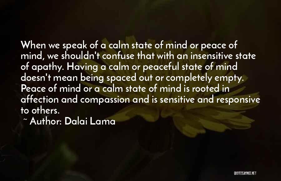 Dalai Lama Quotes: When We Speak Of A Calm State Of Mind Or Peace Of Mind, We Shouldn't Confuse That With An Insensitive