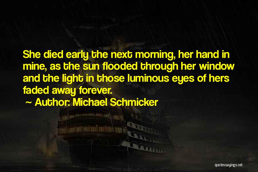 Michael Schmicker Quotes: She Died Early The Next Morning, Her Hand In Mine, As The Sun Flooded Through Her Window And The Light