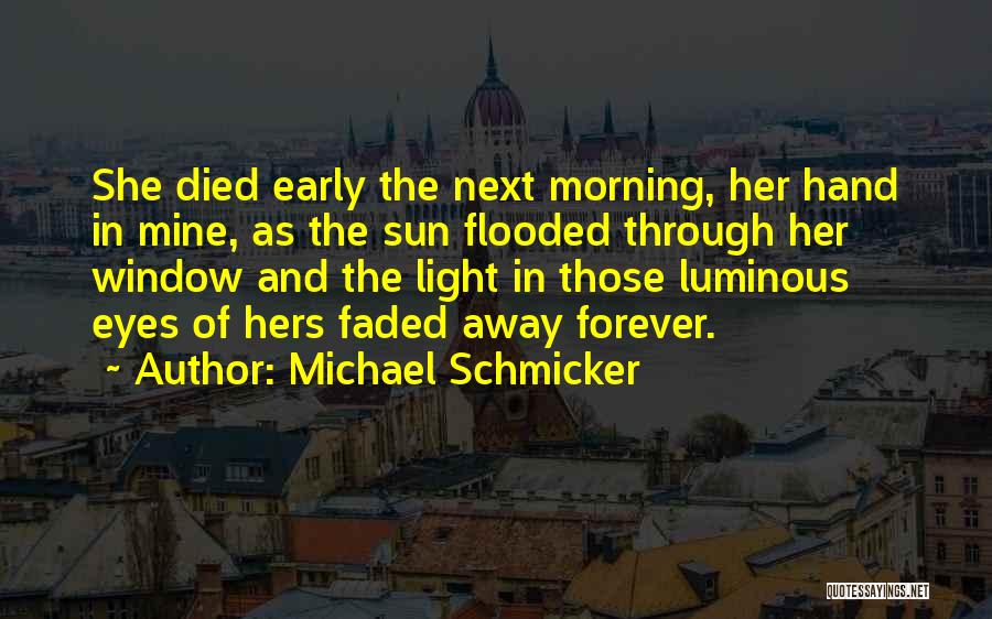 Michael Schmicker Quotes: She Died Early The Next Morning, Her Hand In Mine, As The Sun Flooded Through Her Window And The Light