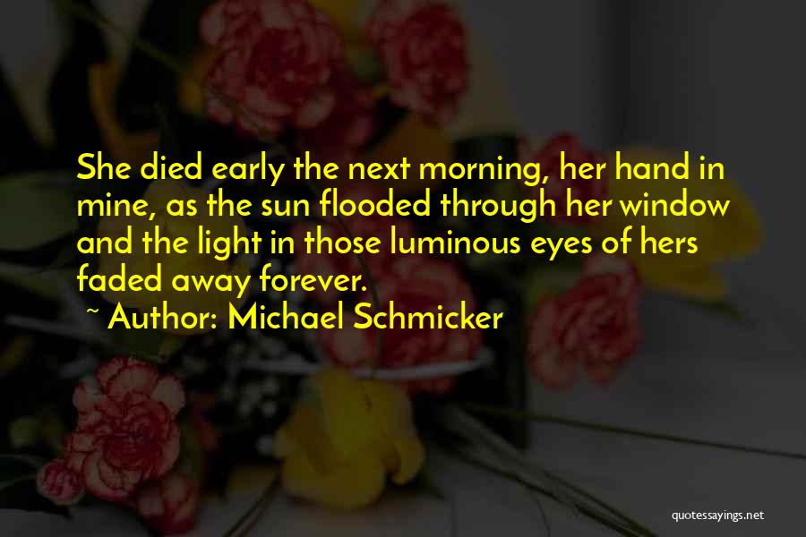 Michael Schmicker Quotes: She Died Early The Next Morning, Her Hand In Mine, As The Sun Flooded Through Her Window And The Light