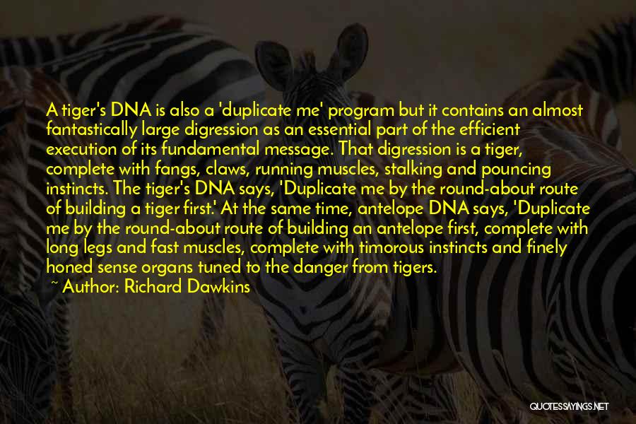 Richard Dawkins Quotes: A Tiger's Dna Is Also A 'duplicate Me' Program But It Contains An Almost Fantastically Large Digression As An Essential