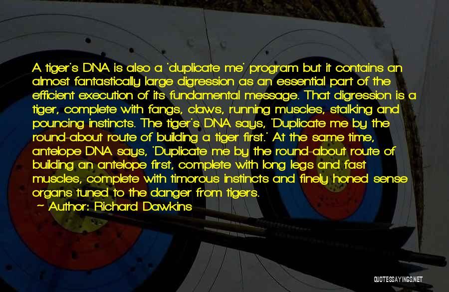 Richard Dawkins Quotes: A Tiger's Dna Is Also A 'duplicate Me' Program But It Contains An Almost Fantastically Large Digression As An Essential