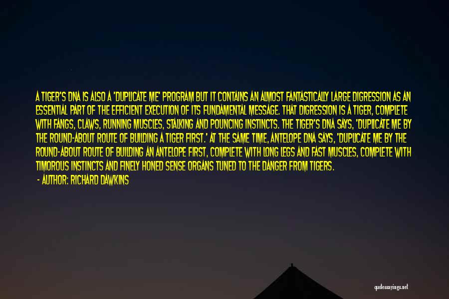 Richard Dawkins Quotes: A Tiger's Dna Is Also A 'duplicate Me' Program But It Contains An Almost Fantastically Large Digression As An Essential