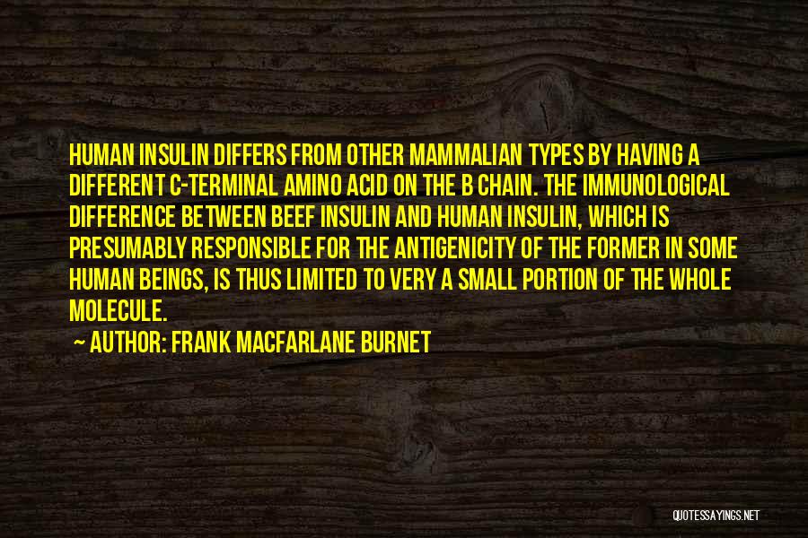 Frank Macfarlane Burnet Quotes: Human Insulin Differs From Other Mammalian Types By Having A Different C-terminal Amino Acid On The B Chain. The Immunological