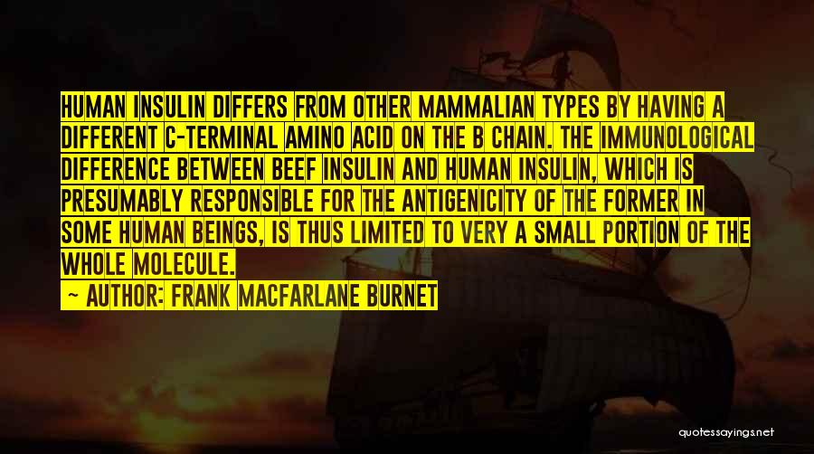 Frank Macfarlane Burnet Quotes: Human Insulin Differs From Other Mammalian Types By Having A Different C-terminal Amino Acid On The B Chain. The Immunological