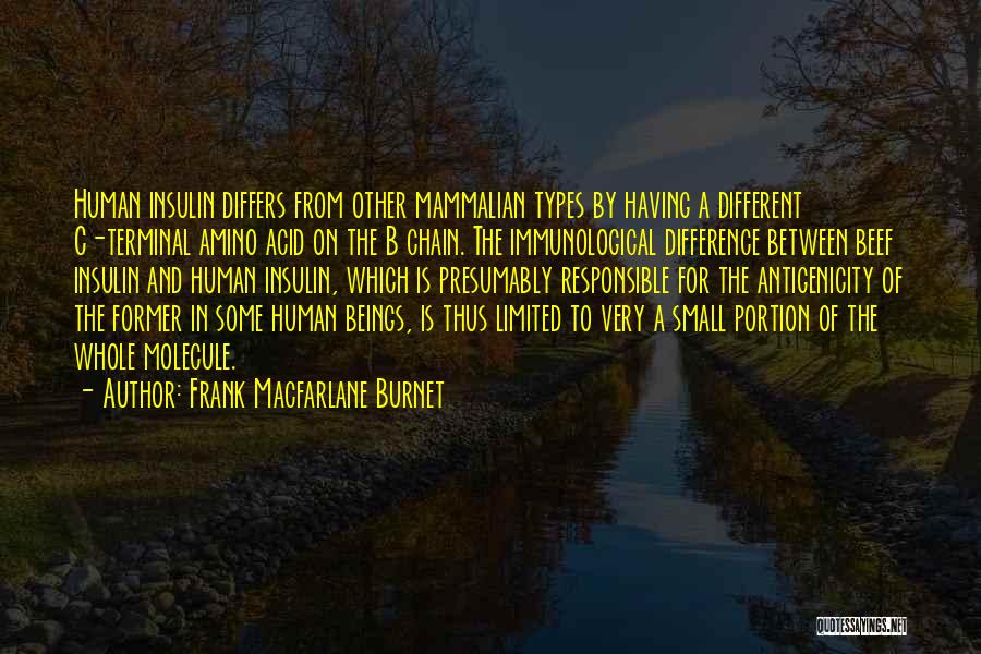 Frank Macfarlane Burnet Quotes: Human Insulin Differs From Other Mammalian Types By Having A Different C-terminal Amino Acid On The B Chain. The Immunological