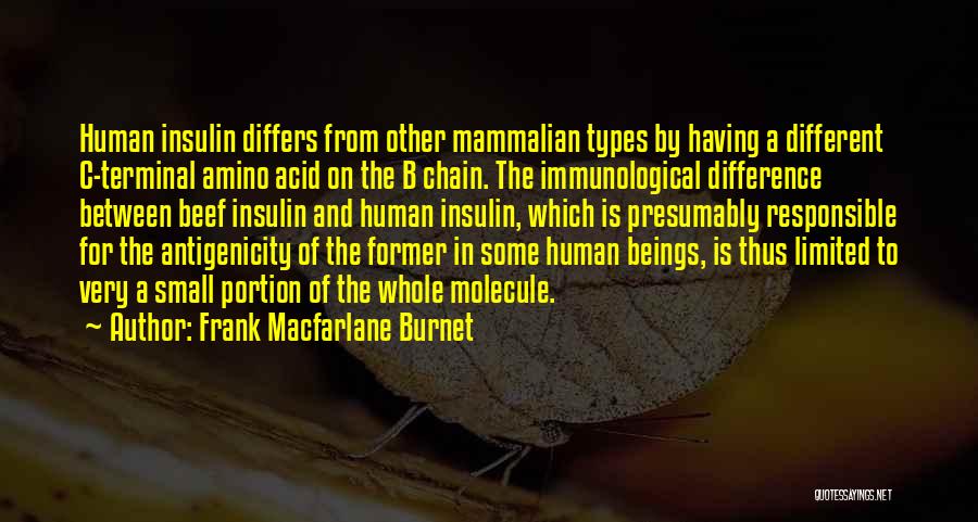 Frank Macfarlane Burnet Quotes: Human Insulin Differs From Other Mammalian Types By Having A Different C-terminal Amino Acid On The B Chain. The Immunological