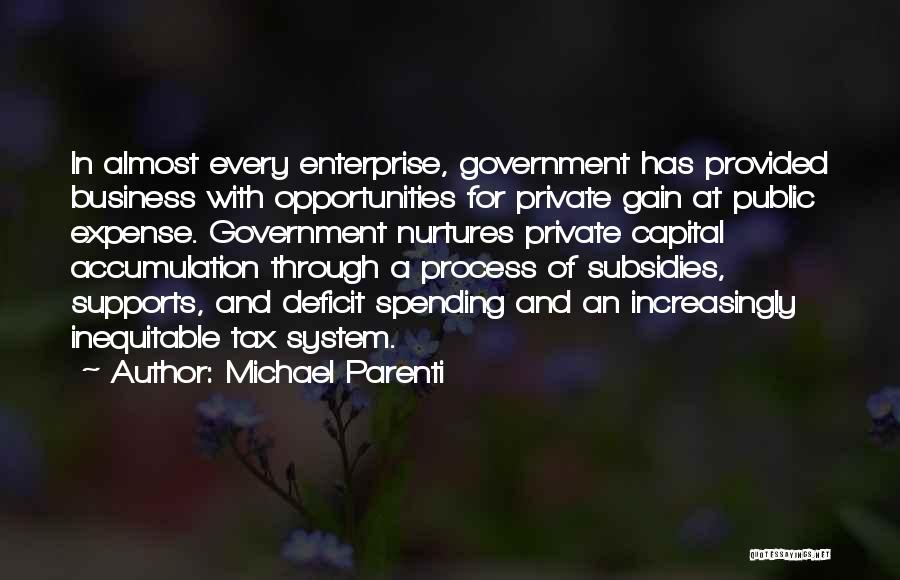 Michael Parenti Quotes: In Almost Every Enterprise, Government Has Provided Business With Opportunities For Private Gain At Public Expense. Government Nurtures Private Capital