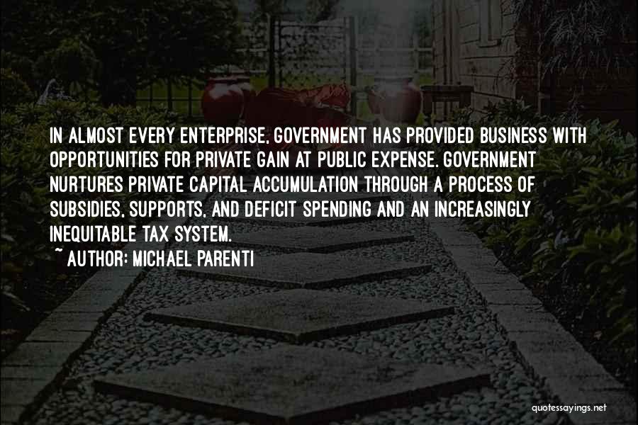 Michael Parenti Quotes: In Almost Every Enterprise, Government Has Provided Business With Opportunities For Private Gain At Public Expense. Government Nurtures Private Capital