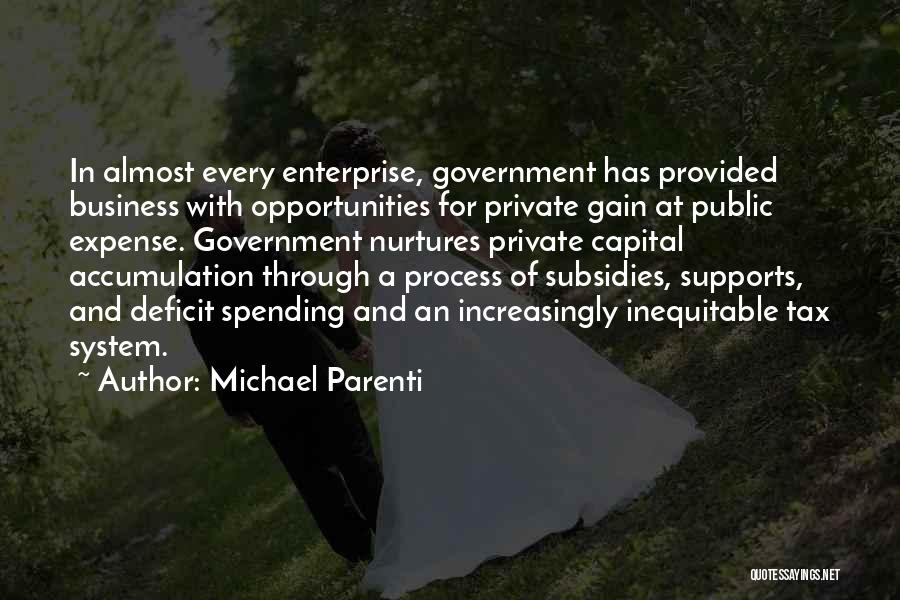 Michael Parenti Quotes: In Almost Every Enterprise, Government Has Provided Business With Opportunities For Private Gain At Public Expense. Government Nurtures Private Capital