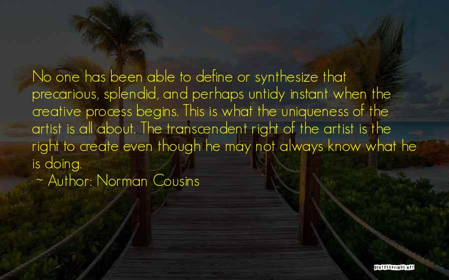 Norman Cousins Quotes: No One Has Been Able To Define Or Synthesize That Precarious, Splendid, And Perhaps Untidy Instant When The Creative Process