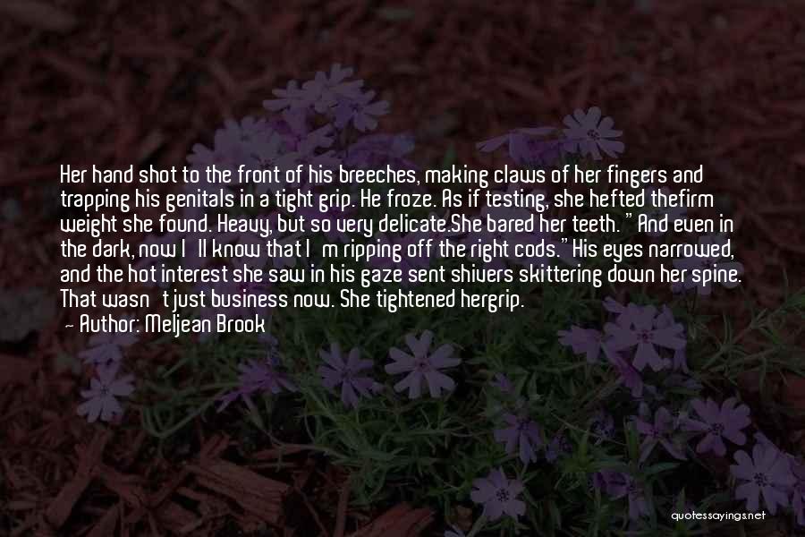 Meljean Brook Quotes: Her Hand Shot To The Front Of His Breeches, Making Claws Of Her Fingers And Trapping His Genitals In A