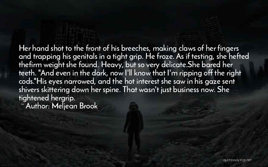 Meljean Brook Quotes: Her Hand Shot To The Front Of His Breeches, Making Claws Of Her Fingers And Trapping His Genitals In A