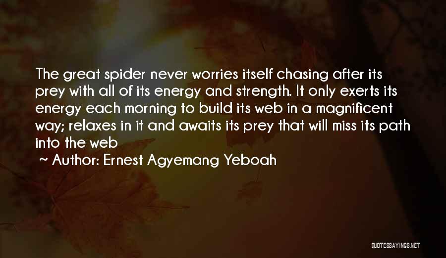 Ernest Agyemang Yeboah Quotes: The Great Spider Never Worries Itself Chasing After Its Prey With All Of Its Energy And Strength. It Only Exerts