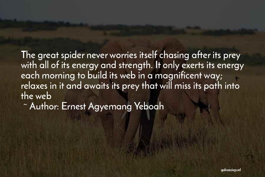 Ernest Agyemang Yeboah Quotes: The Great Spider Never Worries Itself Chasing After Its Prey With All Of Its Energy And Strength. It Only Exerts