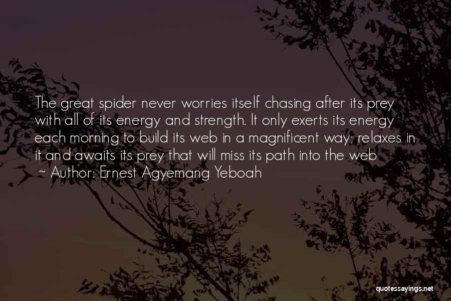 Ernest Agyemang Yeboah Quotes: The Great Spider Never Worries Itself Chasing After Its Prey With All Of Its Energy And Strength. It Only Exerts