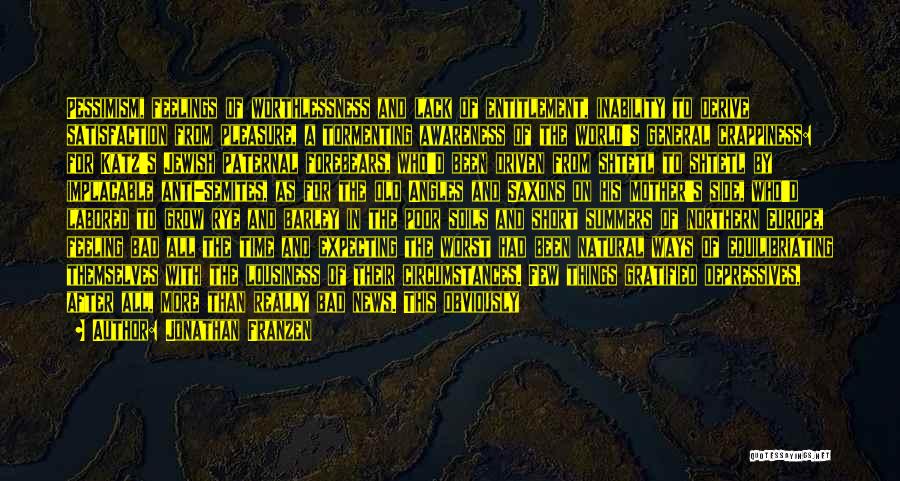 Jonathan Franzen Quotes: Pessimism, Feelings Of Worthlessness And Lack Of Entitlement, Inability To Derive Satisfaction From Pleasure, A Tormenting Awareness Of The World's