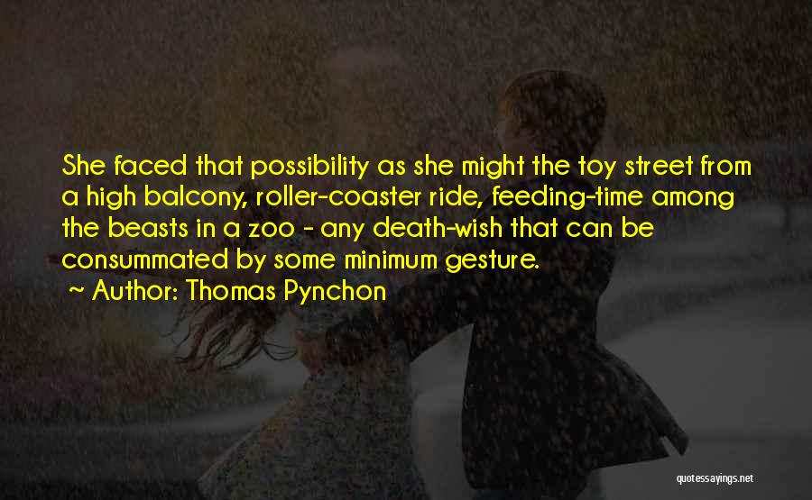 Thomas Pynchon Quotes: She Faced That Possibility As She Might The Toy Street From A High Balcony, Roller-coaster Ride, Feeding-time Among The Beasts