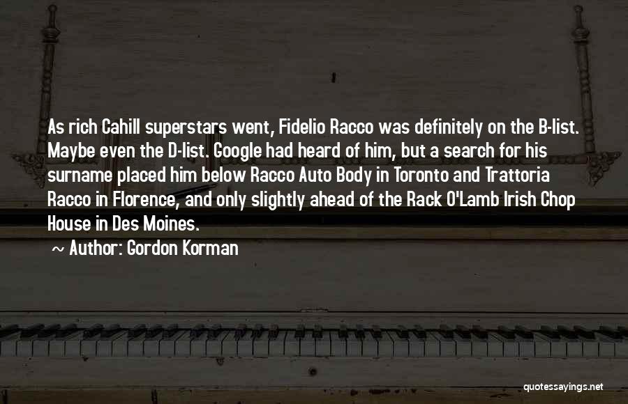 Gordon Korman Quotes: As Rich Cahill Superstars Went, Fidelio Racco Was Definitely On The B-list. Maybe Even The D-list. Google Had Heard Of